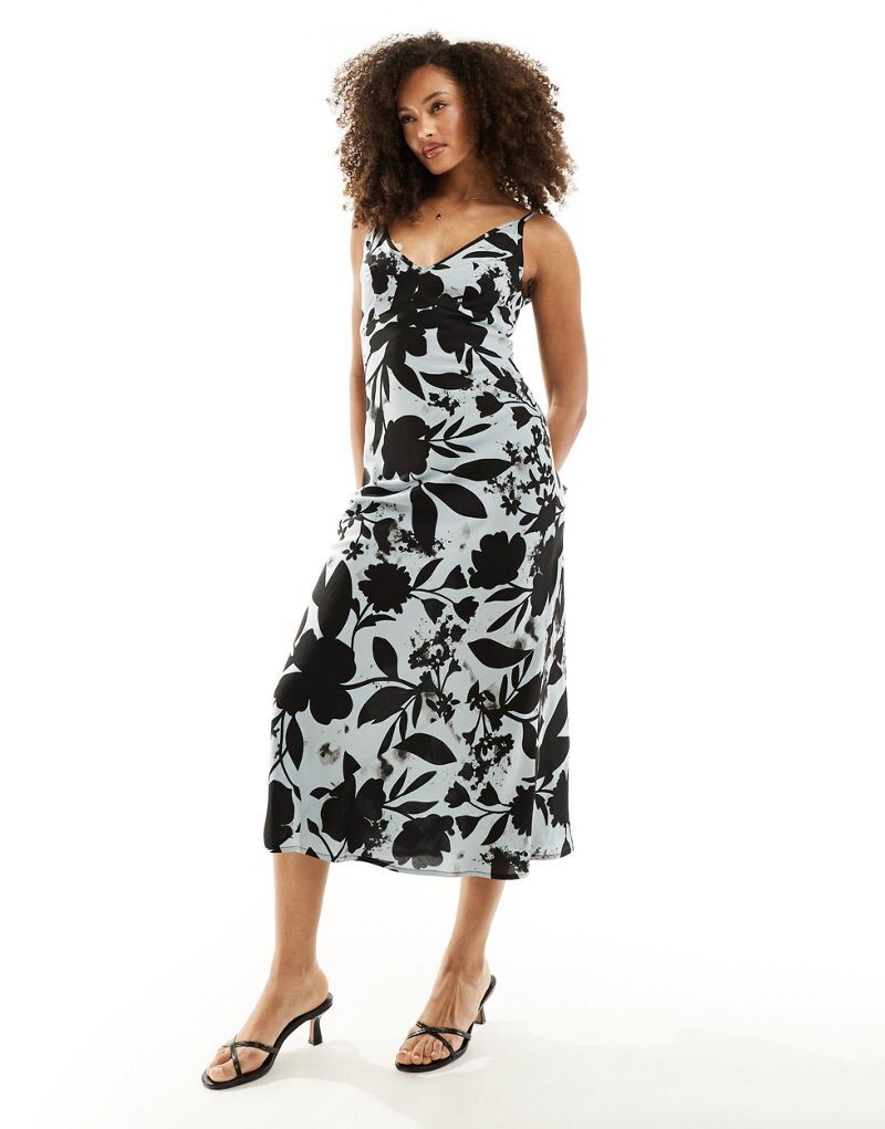 

ASOS DESIGN – Серое платье миди с удлиненными чашками в цветочный узор