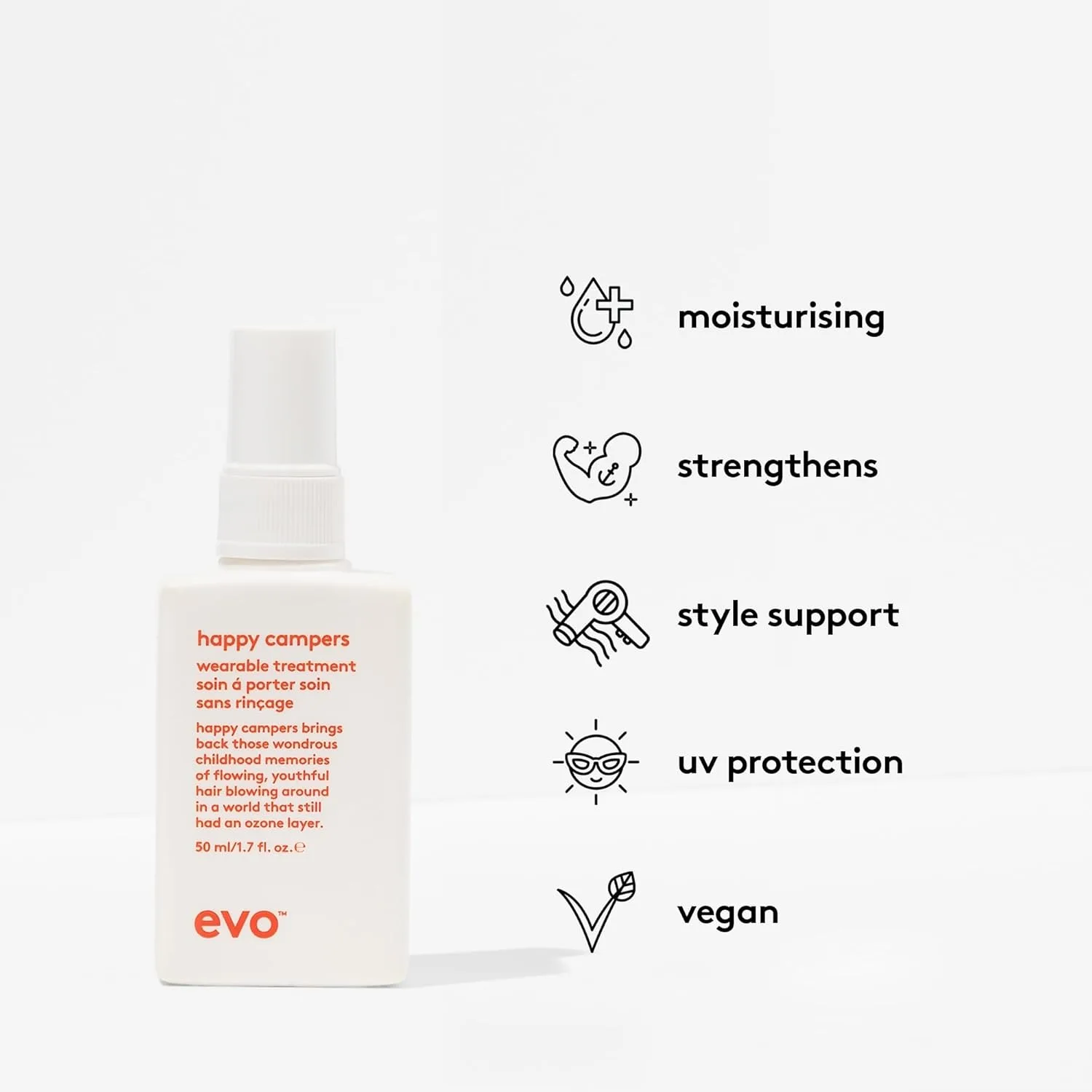 evo Happy Campers Wearable Treatment - Ежедневное средство для укрепления и защиты волос - Уменьшает пушистость и обеспечивает защиту от УФ-излучения 50 мл (1 шт.) — фото 2