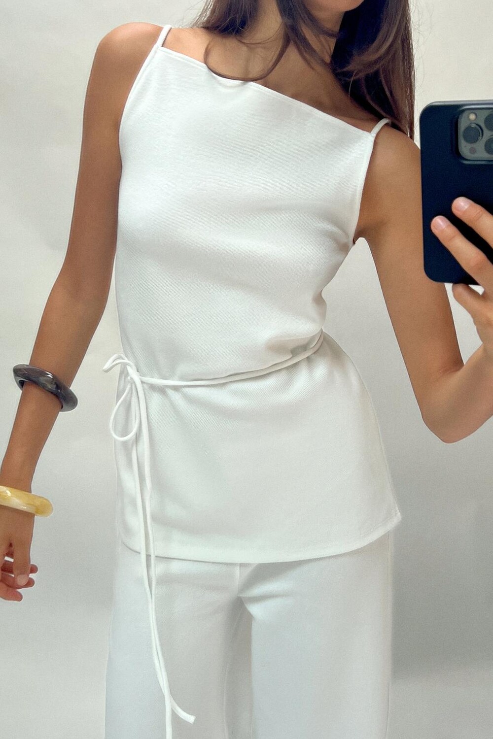 

Длинный топ из мягкого пике с поясом ZARA, экрю