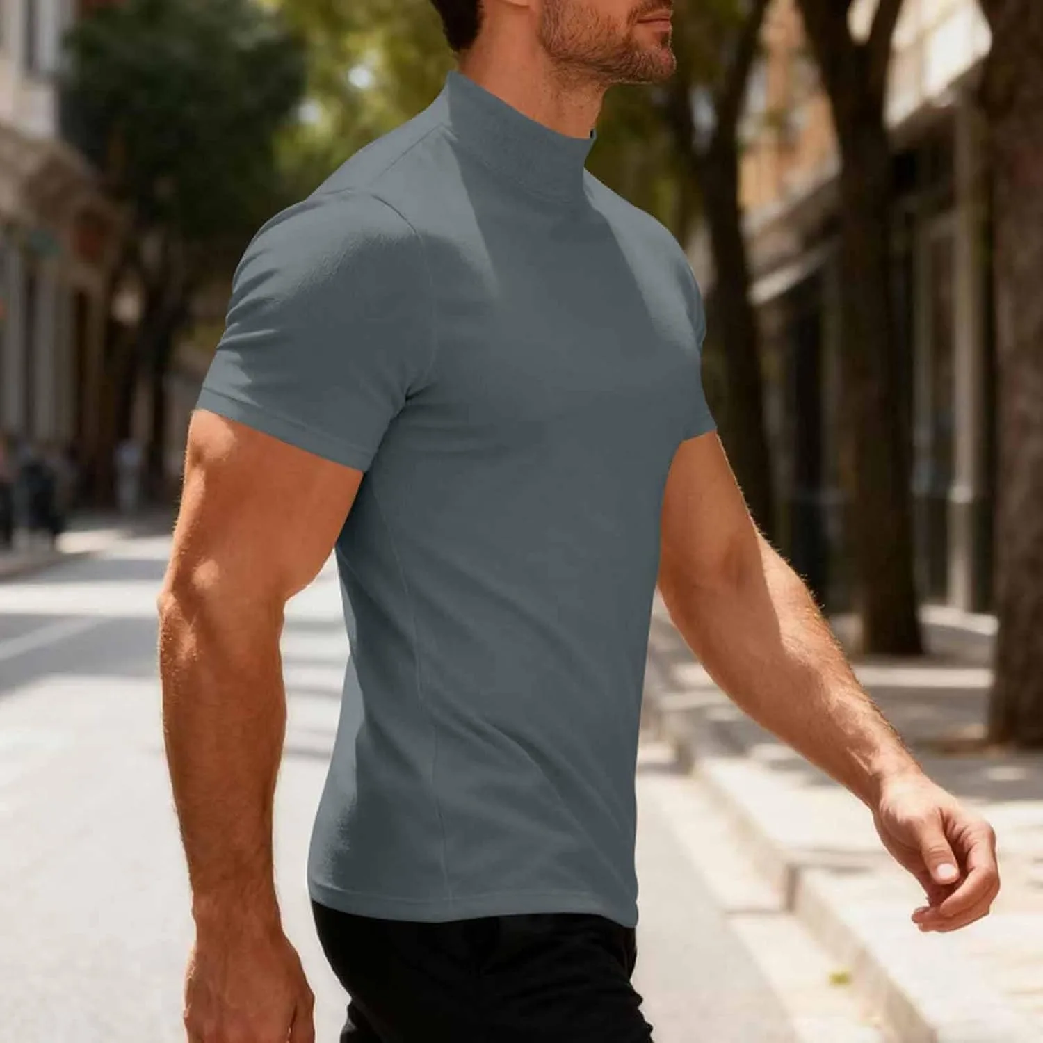 Мужская летняя футболка Stretch Slim Fit с коротким рукавом и водолазкой — фото 3