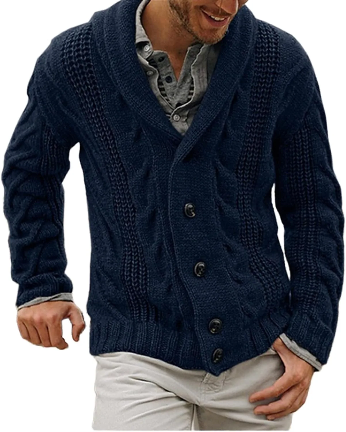 

Мужской кардиган с воротником шаль и кабельной вязкой, свободный крой, длинный рукав CHXLQQX