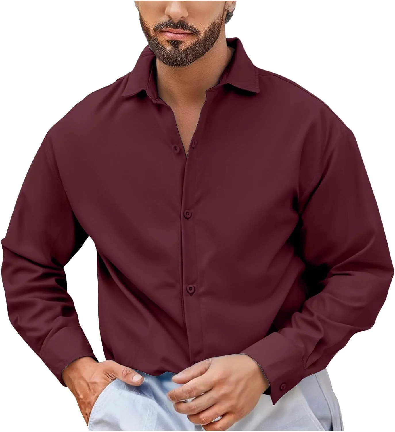 Мужские рубашки с длинным рукавом, модные 2025 года, рубашки на пуговицах, деловые, формальные, мягкие, свободные, нарядные, повседневные, модные Generic, Wine