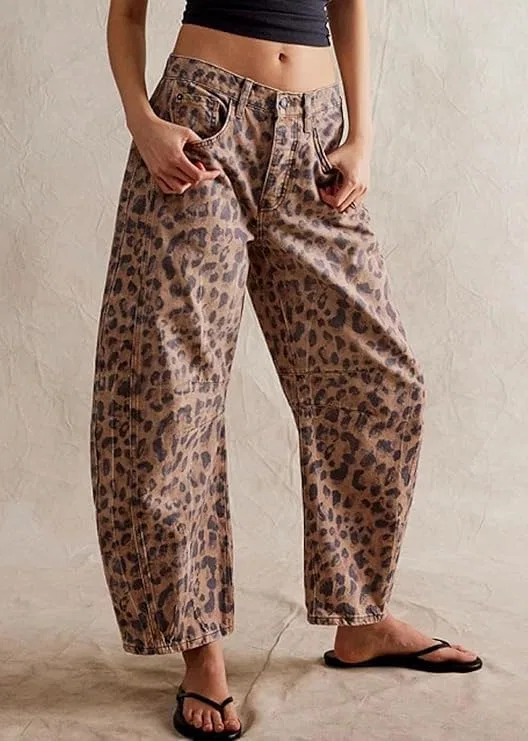 Джинсы с принтом, Leopard Print-a, Women's Floral Print Barrel Jeans Trendy Low Waisted Wide Leg Barrel Jeans Y2K Baggy Floral Print Pants — фото 2