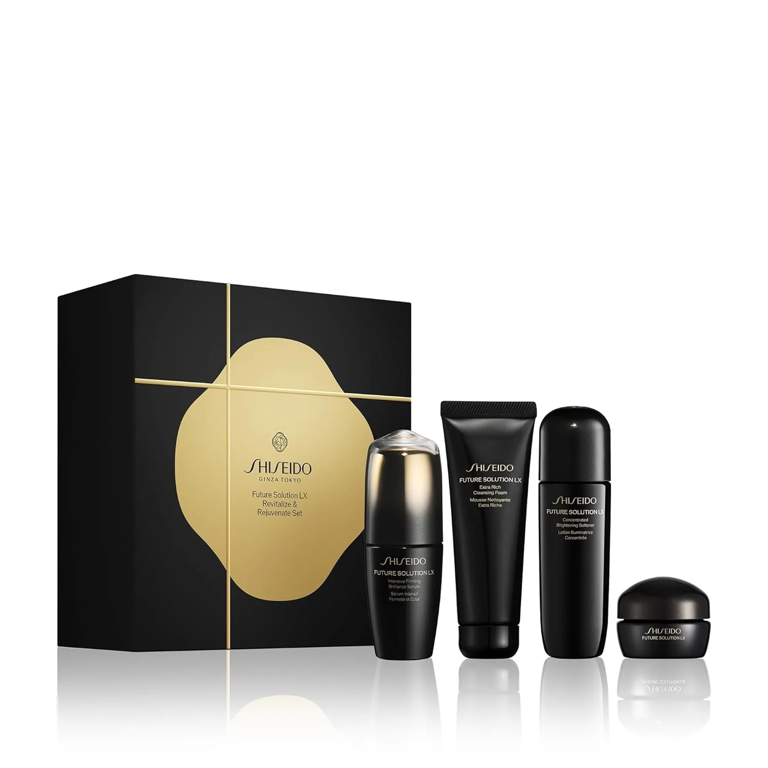 Набор Shiseido Revitalize & Rejuvenate Set: Future Solution LX Extra Rich Foam 50 мл, Concentrated Softener 74 мл, Intensive Firming Brilliance Serum 50 мл и Total Regenerating Cream 15 мл