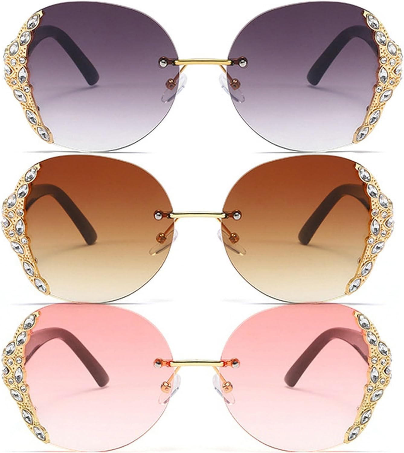 

Женские солнцезащитные очки без оправы с бриллиантами, роскошные, большие, круглые, со стразами, в винтажном стиле, для вечеринок, с градиентным переходом цвета mincl, 3pcs-gray&brown&pink
