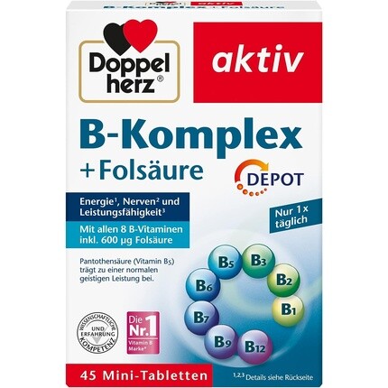 

Doppelherz B-Complex DEPOT с фолиевой кислотой - витамины группы B для нормальной функции нервной системы и энергетического обмена - 45 таблеток