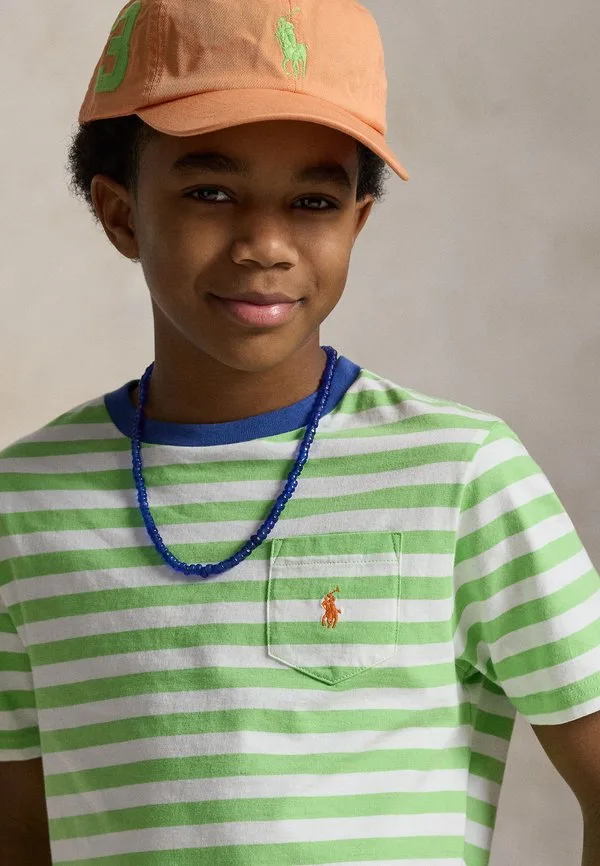 Футболка из полосатого хлопкового трикотажа с карманом и принтом Polo Ralph Lauren, Lime/White — фото 4