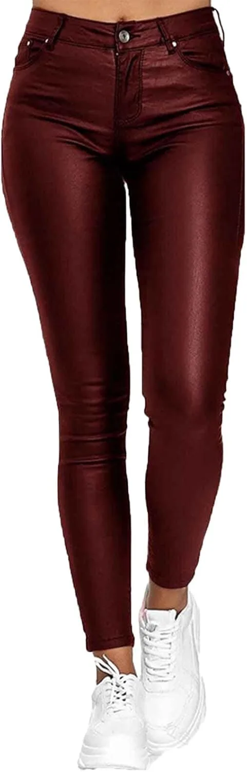 

Кожаные брюки для женщин, Faux Leather с карманами, High Waist