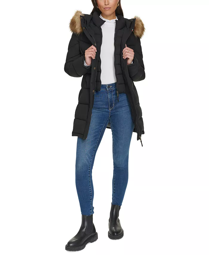 

Женская пуховик с капюшоном и отделкой из искусственного меха, создано для Macy's Tommy Hilfiger, черный