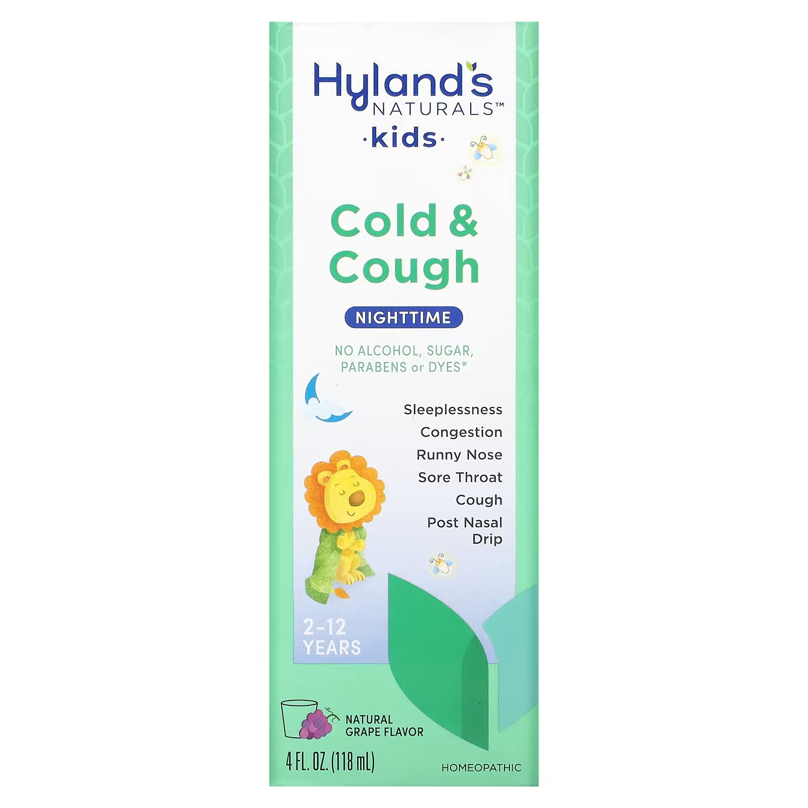 

Средство от простуды и кашля Hyland's Naturals Cold & Cough Nighttime для детей 2–12 лет, натуральный виноград, 118 мл