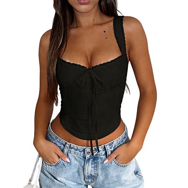 

Женский топ-коротыш с вырезом "сердечко", кружевной отделкой и завязкой спереди Clearflower, Black