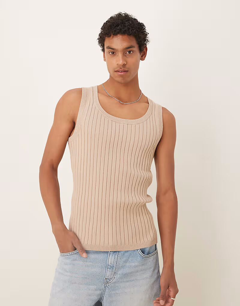 

Майка ASOS DESIGN Muscle Fit из трикотажного рубчика цвета Stone