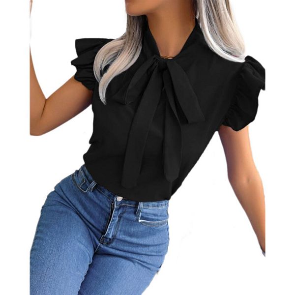 

Женская блузка с бантом на шее и рюшами на рукавах Yesfashion, Black