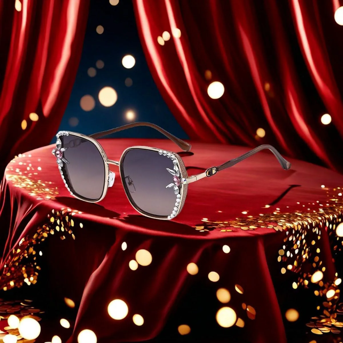 

Женские квадратные солнцезащитные очки с блестящими цирконами - защита от УФ-излучения UV400, модные солнцезащитные очки в оправе со стразами AILYFIRMO, Gray Pink