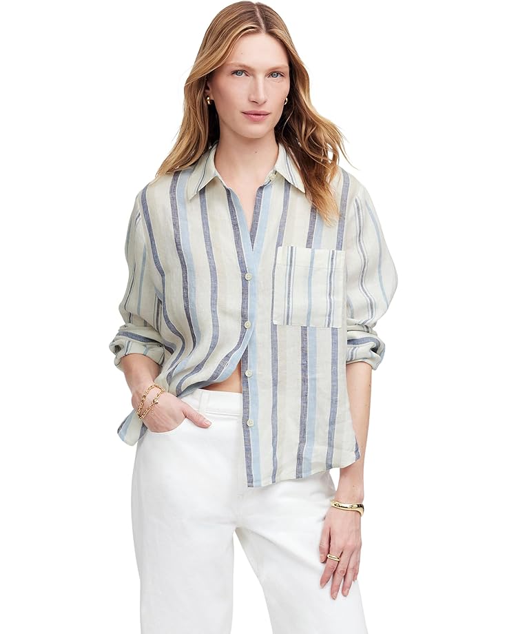 

Рубашка Madewell Y-Neck Shirt With Adjustable Sleeve, цвет Blue And Light Blue Stripe