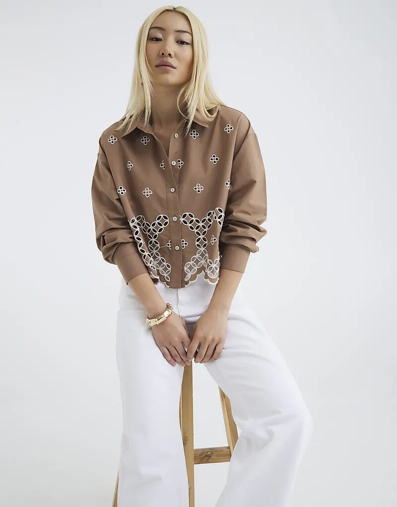 

Укороченная рубашка с длинными рукавами и вышивкой River Island коричневого цвета