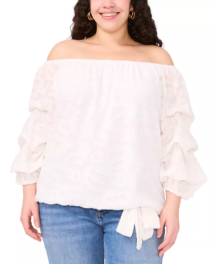 

Блузка больших размеров с открытыми плечами, текстурированная, с рукавами 3/4 и завязкой спереди Vince Camuto, белый