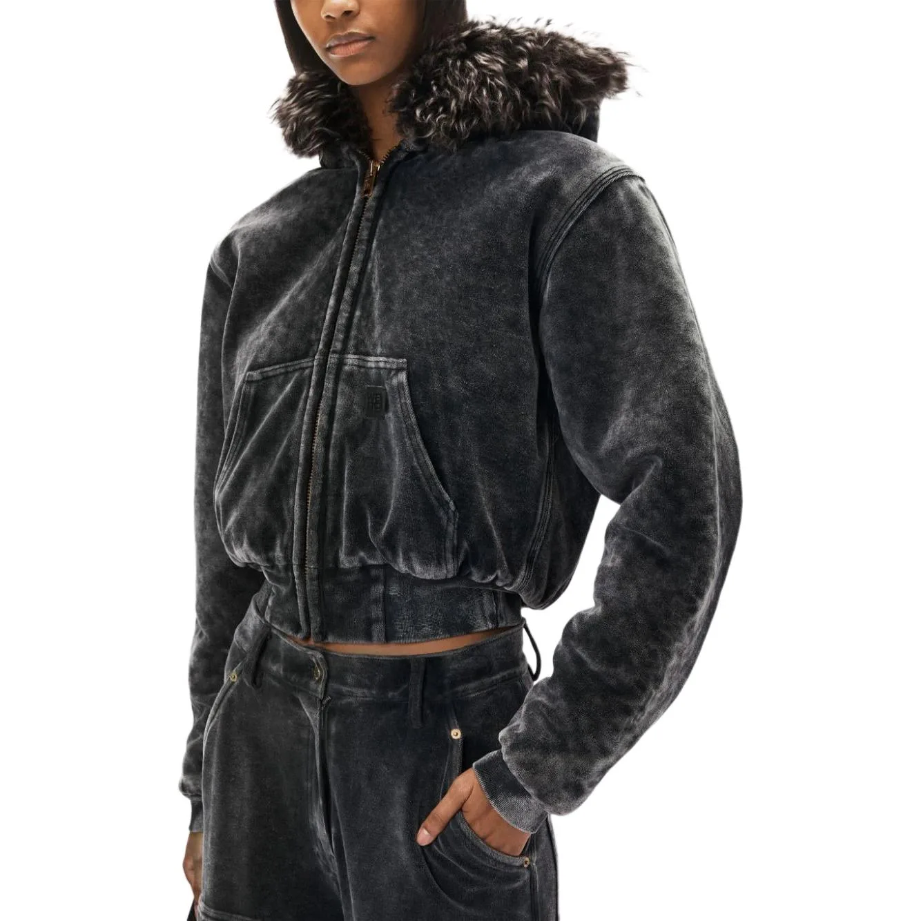 Alexander Wang Куртка с капюшоном и меховой отделкой T By Velour Workwear, цвет washed slate — фото 4