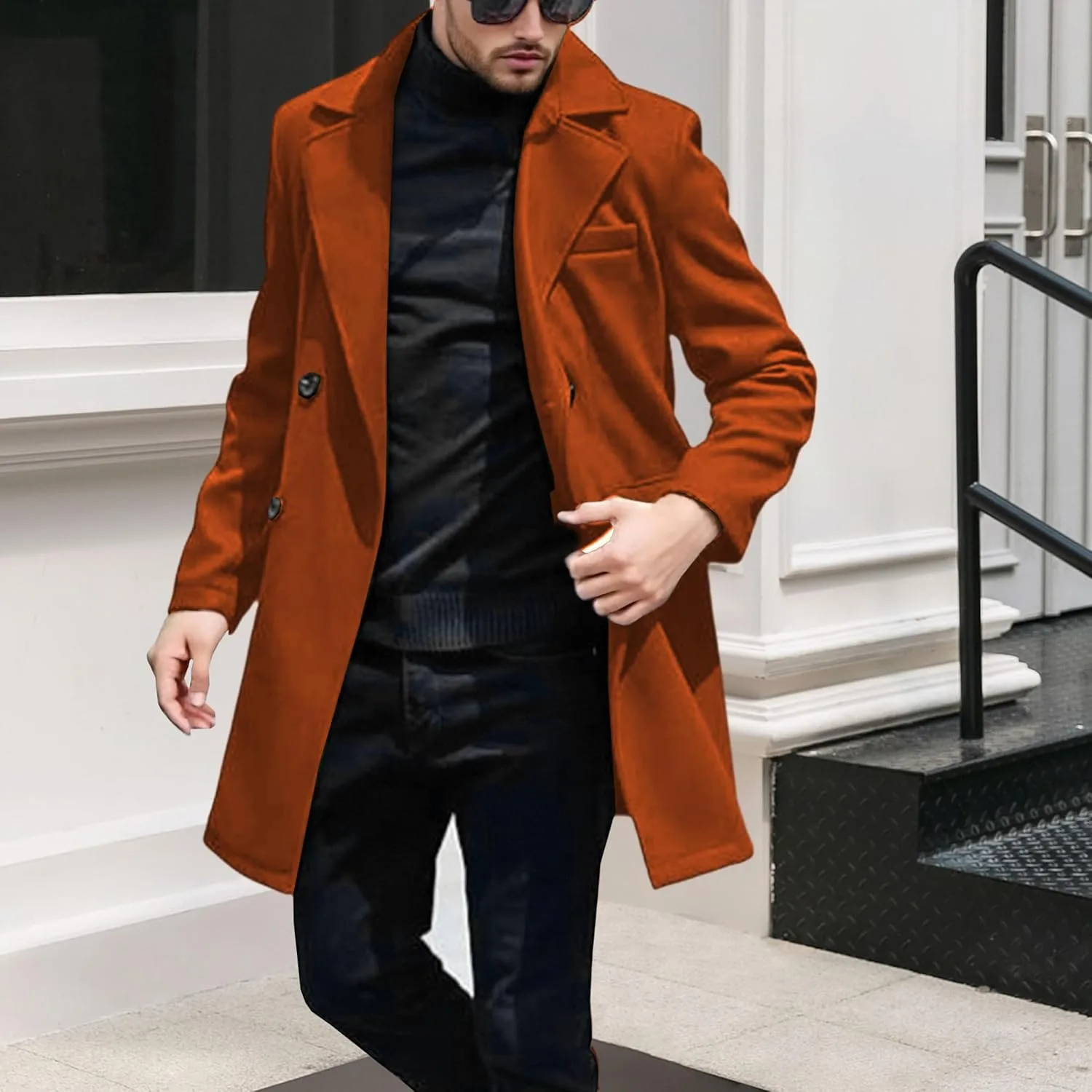 Тренч для мужчин Single Breasted, зимнее пальто pea coat с лацканом notch lapel Generic, коричневый — фото 3