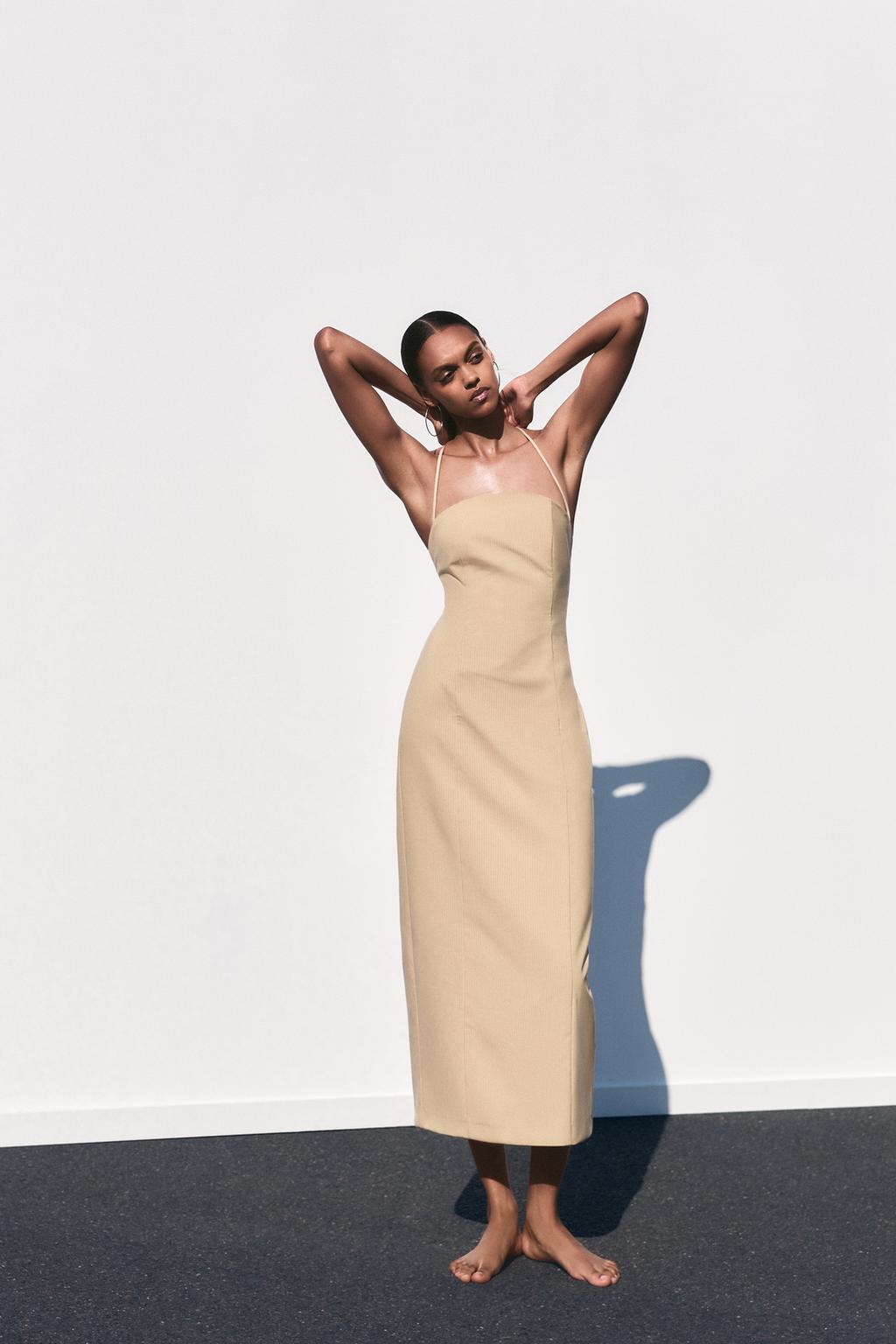 

Платье миди в тонкую полоску ZARA, цвет Sand/Black