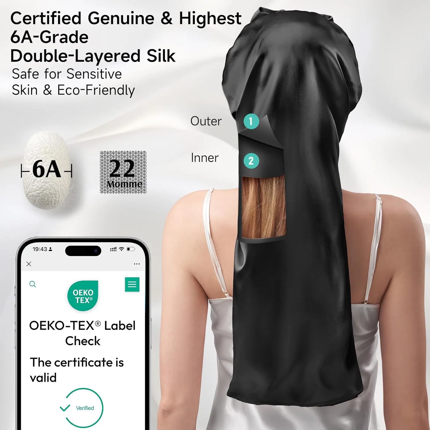 Двусторонняя шапочка для сна из 100% тутового шелка Umisleep 22 момме Umisleep, Black — фото 2