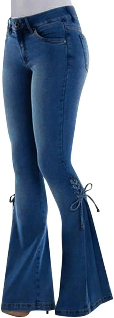 

Женские джинсы с завышенной талией и расклешенными штанинами CAOQAO