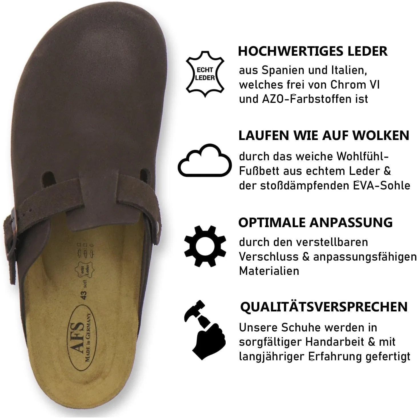 Мужские сабо AFS-Schuhe 3900, удобные домашние тапочки, кожаные тапочки, сделано в Германии, Espresso — фото 2