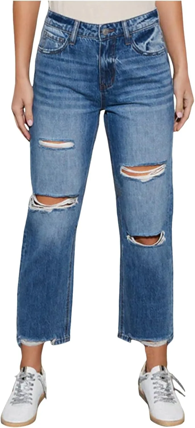 

Женские рваные джинсы high waisted distressed baggy straight wide leg