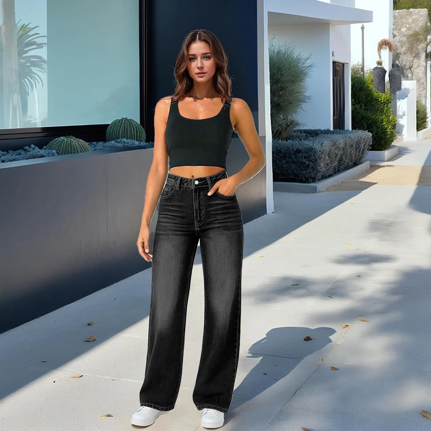 Джинсы свободные, Wide Leg, D-black — фото 3