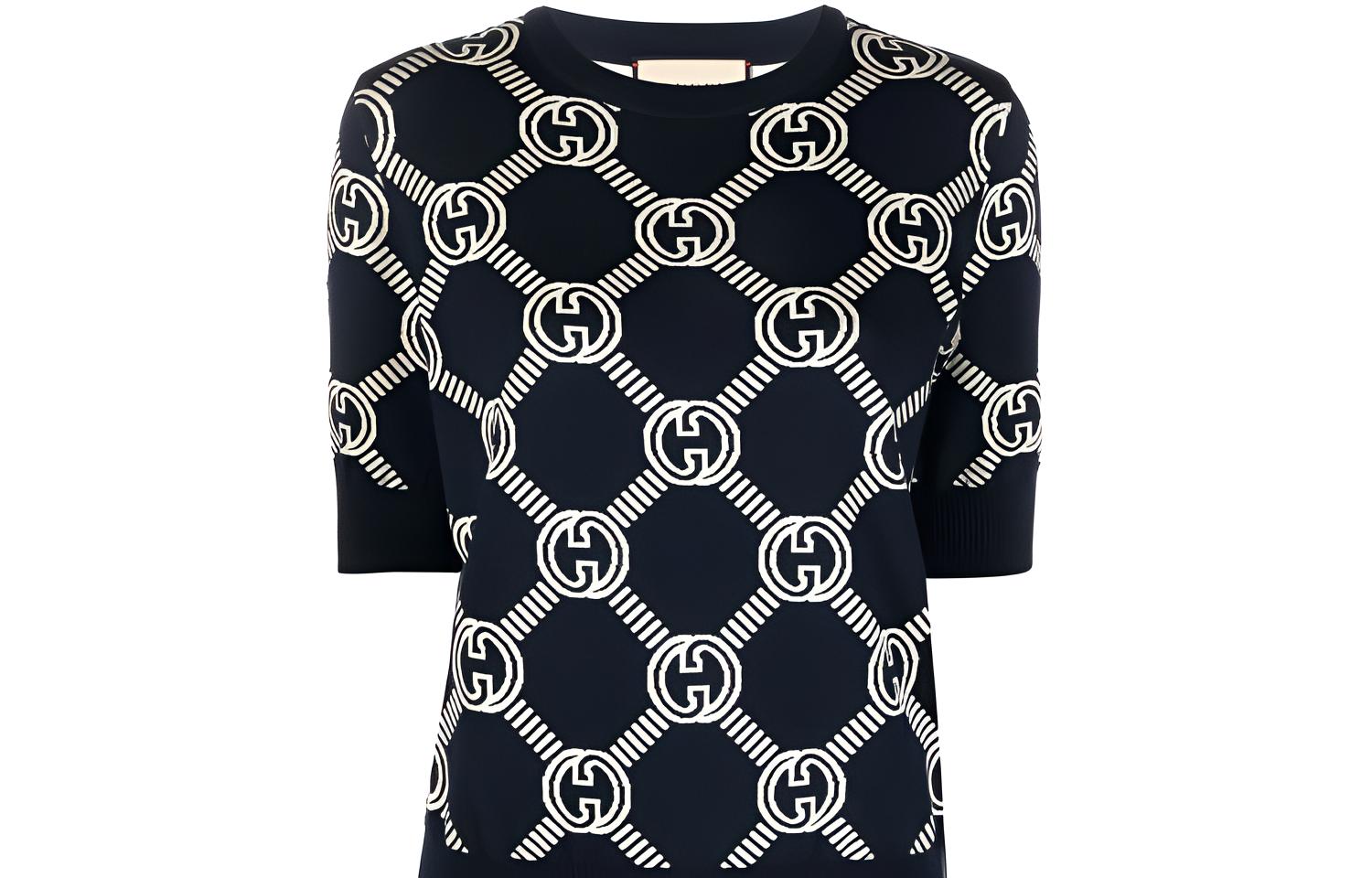 

Монограммный жаккардовый короткий рукав Джемпер GUCCI, цвет слоновая кость синий