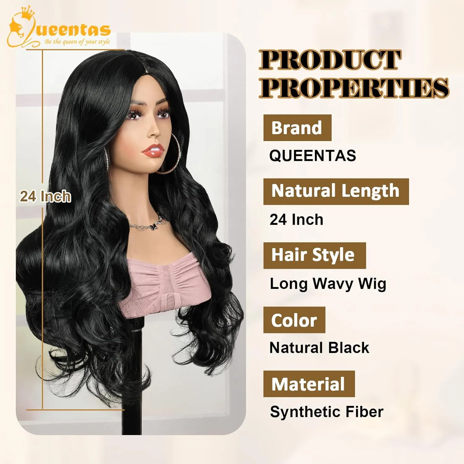 Женский длинный волнистый парик QUEENTAS, 60 см, черный Queentas, (Natural Black #1B) — фото 4