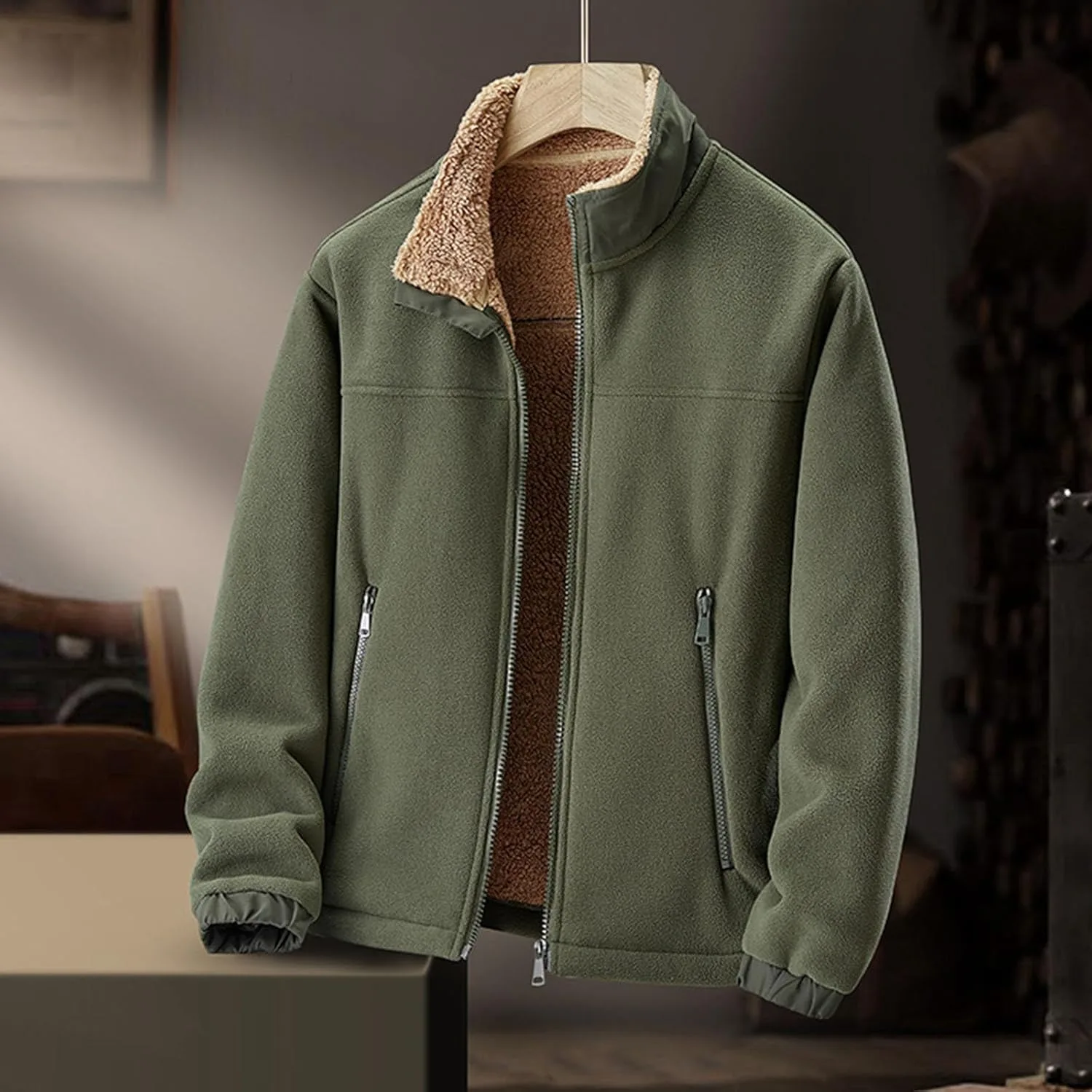 Куртка Sherpa мужская на подкладке из шерсти, утепленная искусственной овчиной, уютная теплая флисовая куртка с воротником стойкой и молнией, зимняя верхняя одежда Generic, зеленый — фото 2