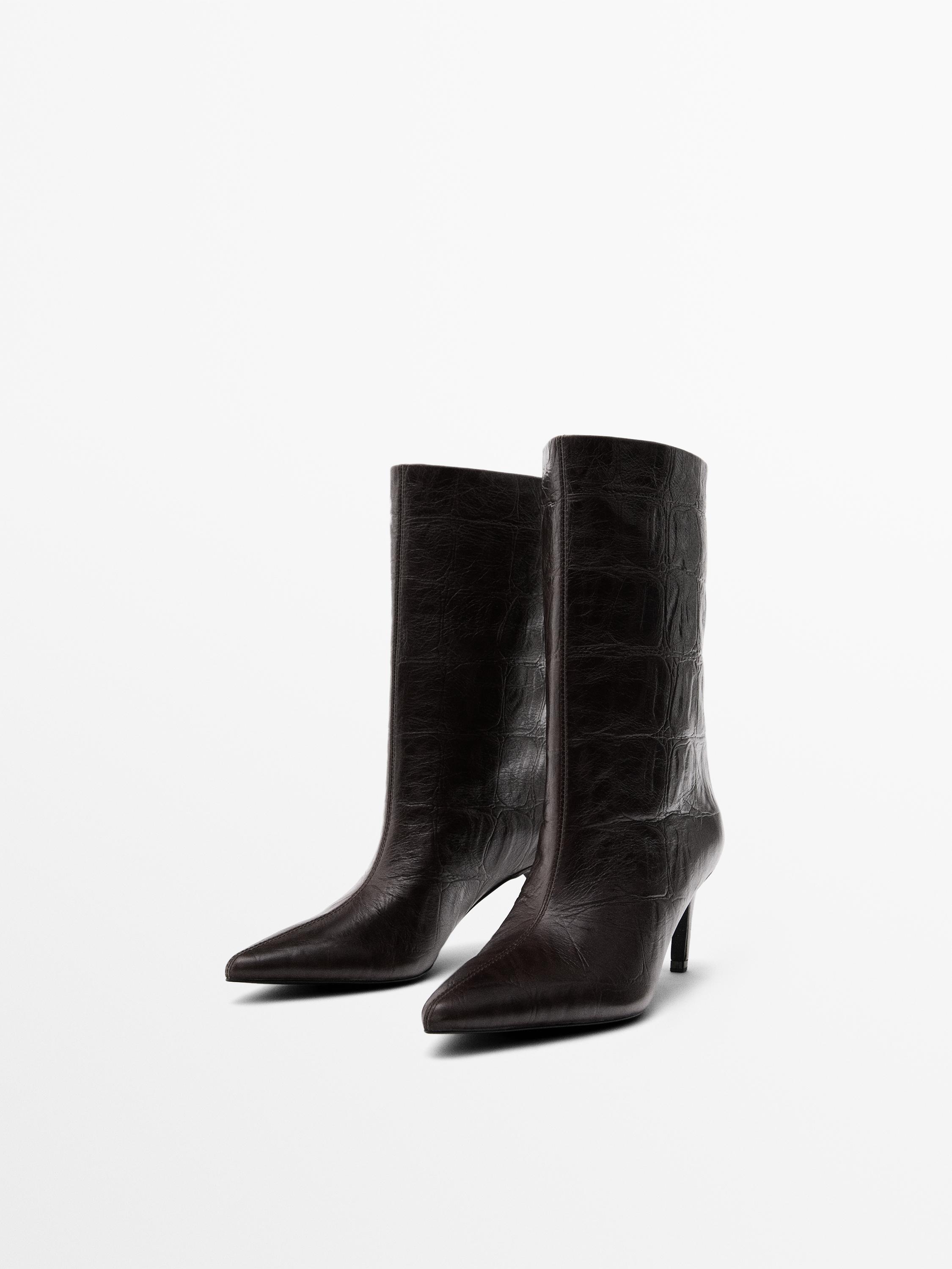 Ботильоны из тисненой кожи на высоком каблуке Massimo Dutti, коричневый — фото 2