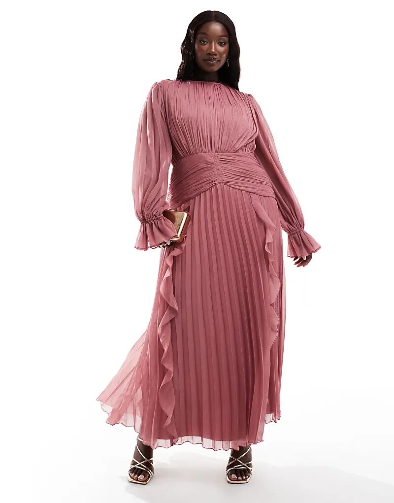 

Платье макси ASOS DESIGN Curve с высоким воротом, рюшами и поясом в тускло-розовом цвете Asos Curve