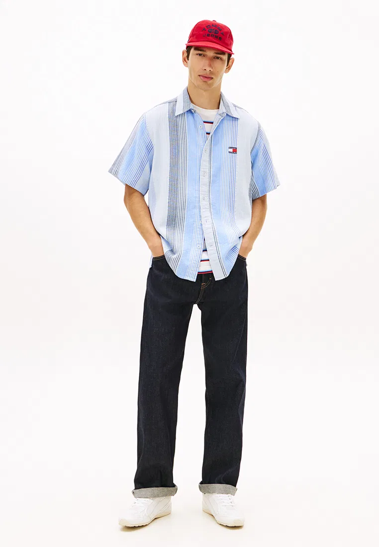 Рубашка с коротким рукавом, свободный крой, полоска, Tommy Jeans Tommy Hilfiger, синий — фото 4