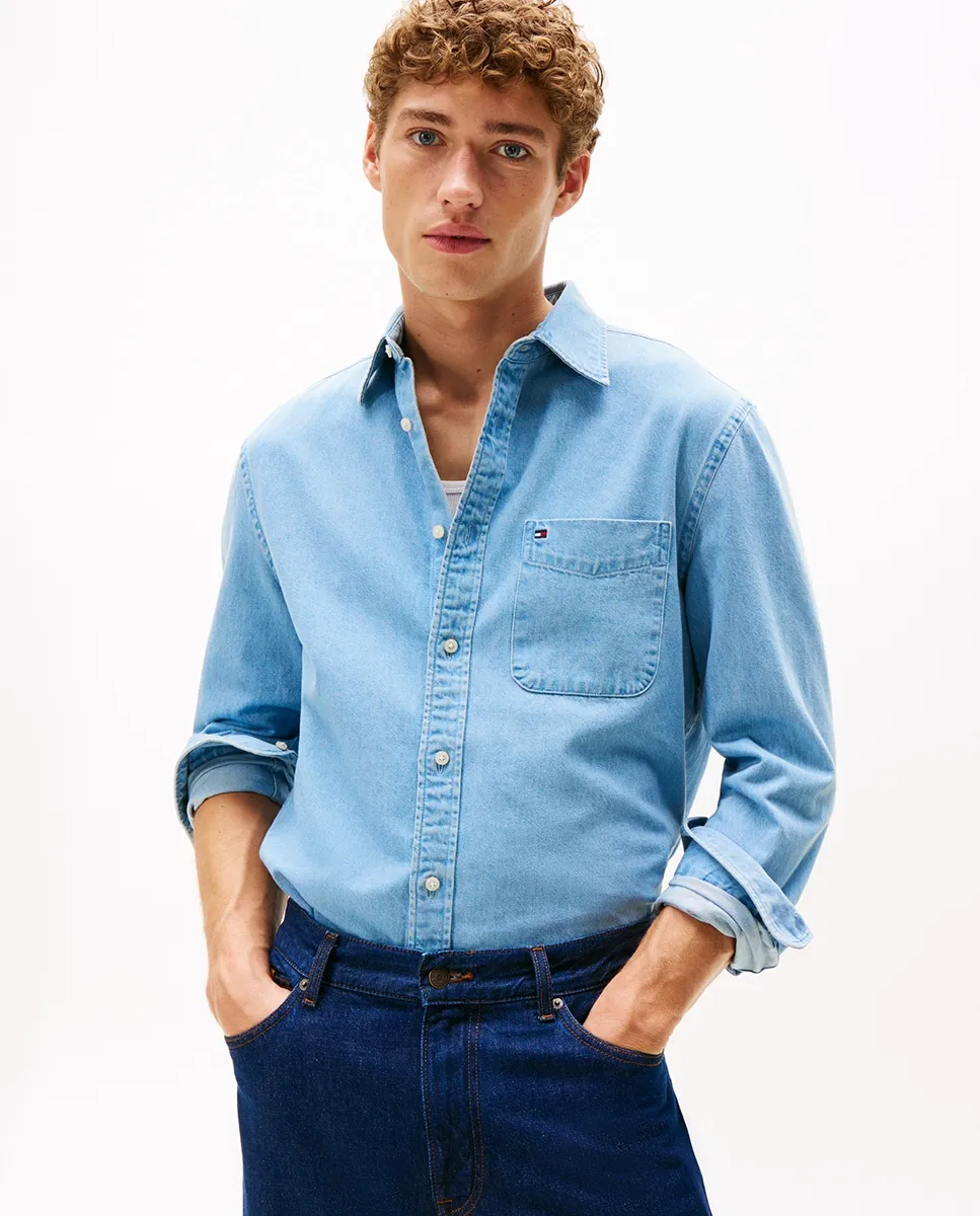 

Мужская джинсовая рубашка однотонная Tommy Hilfiger, синий