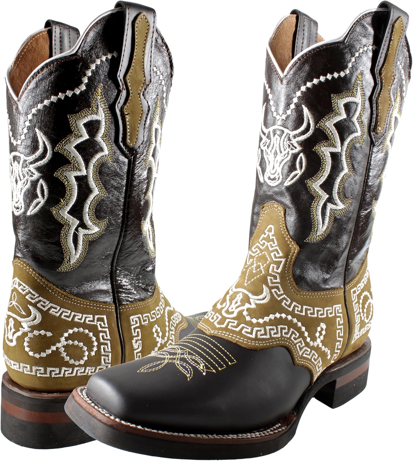 

Мужские ковбойские сапоги El General для родео, кожаные, с квадратным носком, шоколадного цвета, с западной вышивкой Generic