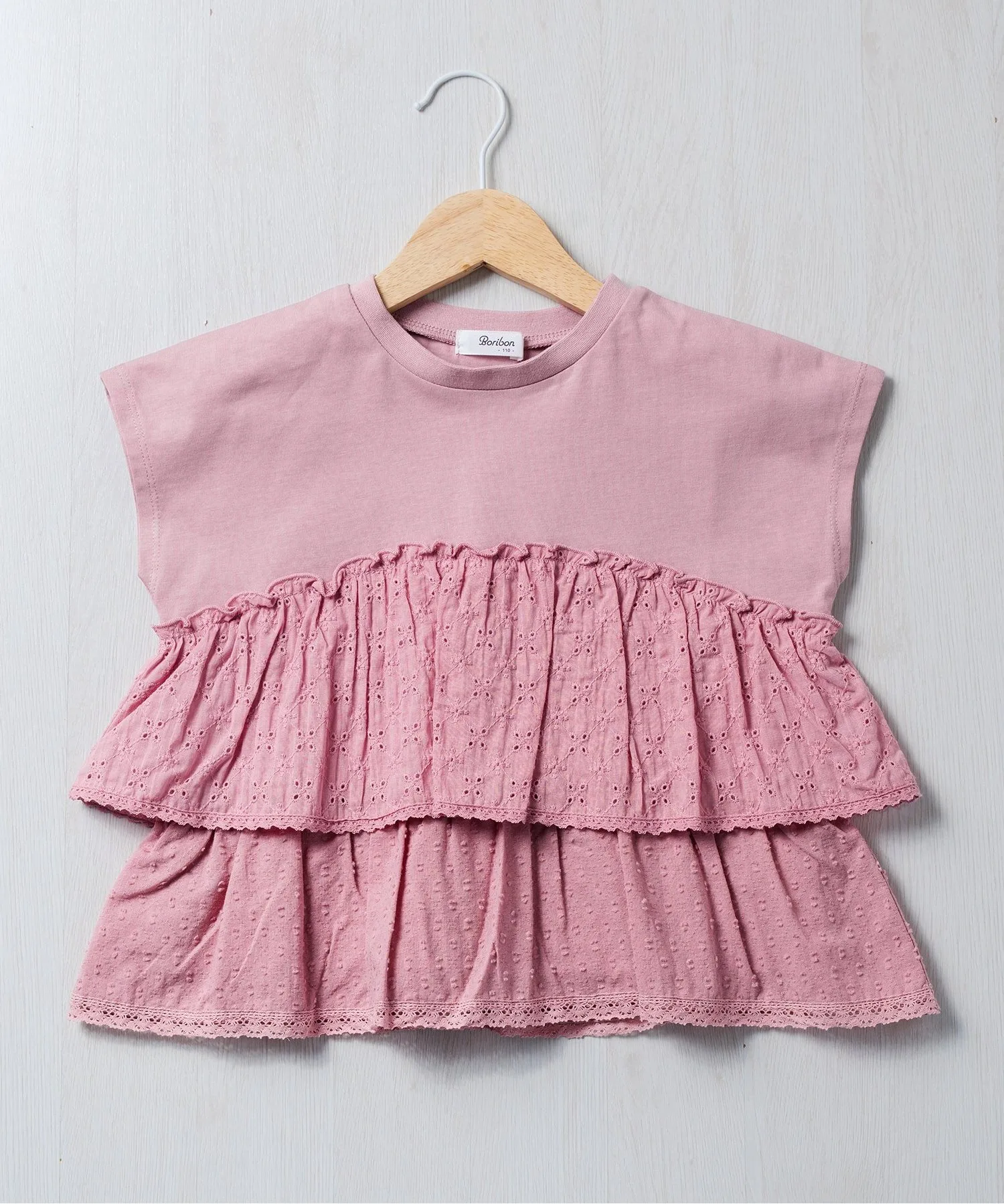 Детская футболка с кружевом и рюшами Boribon Docking Ruffle French Sleeve розовая