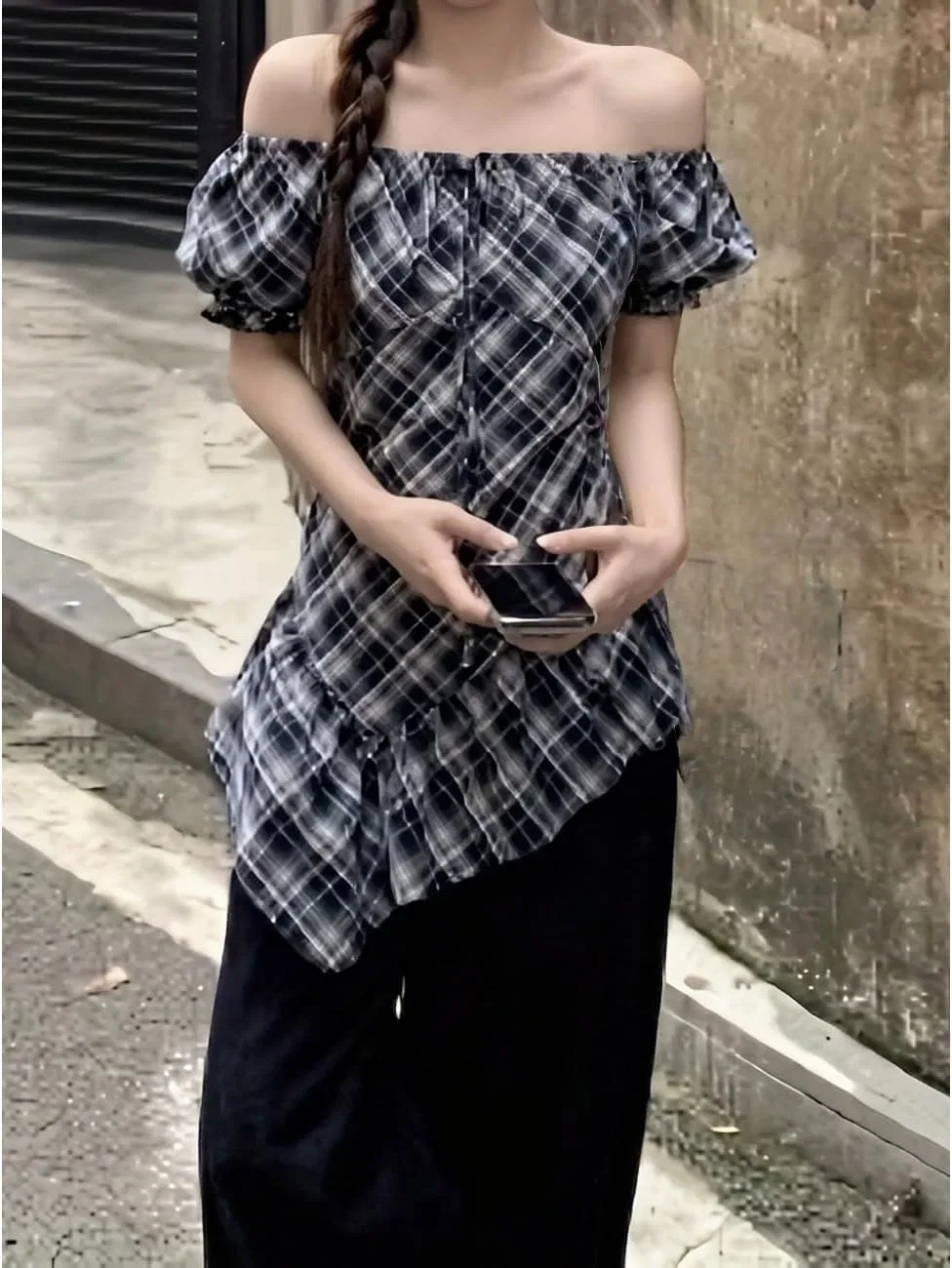Блуза женская, клетчатая, с квадратным вырезом и рюшами, Casual, синяя — фото 4