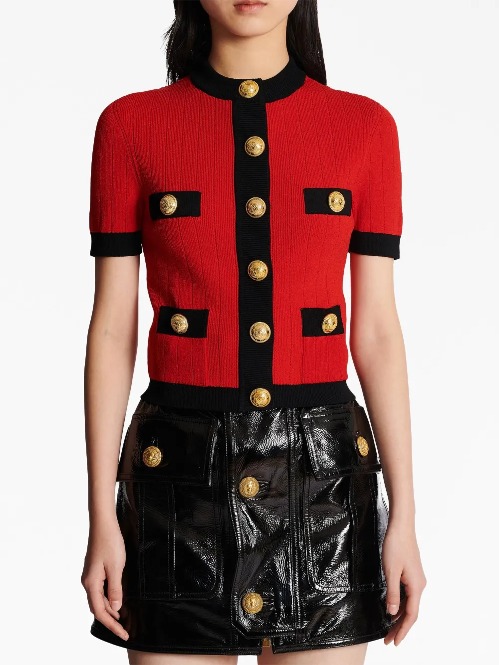 Укороченный кардиган с короткими рукавами BALMAIN, красный — фото 4