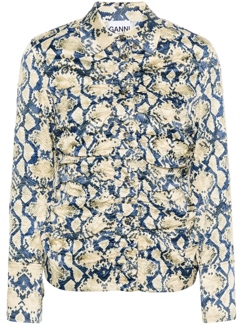 

Атласная рубашка со змеиным принтом GANNI, синий