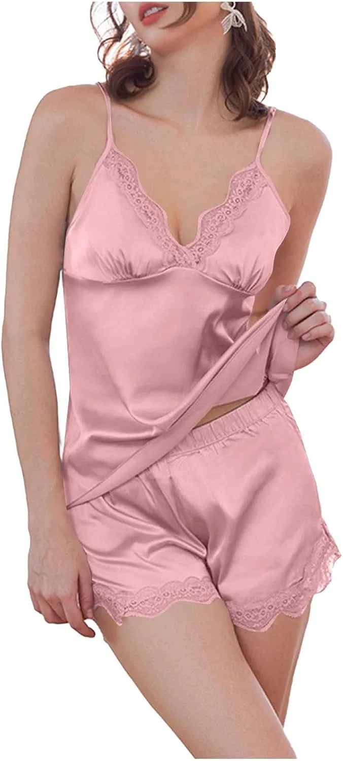 Пижамный комплект из сатина, женский, с кружевом, Pink