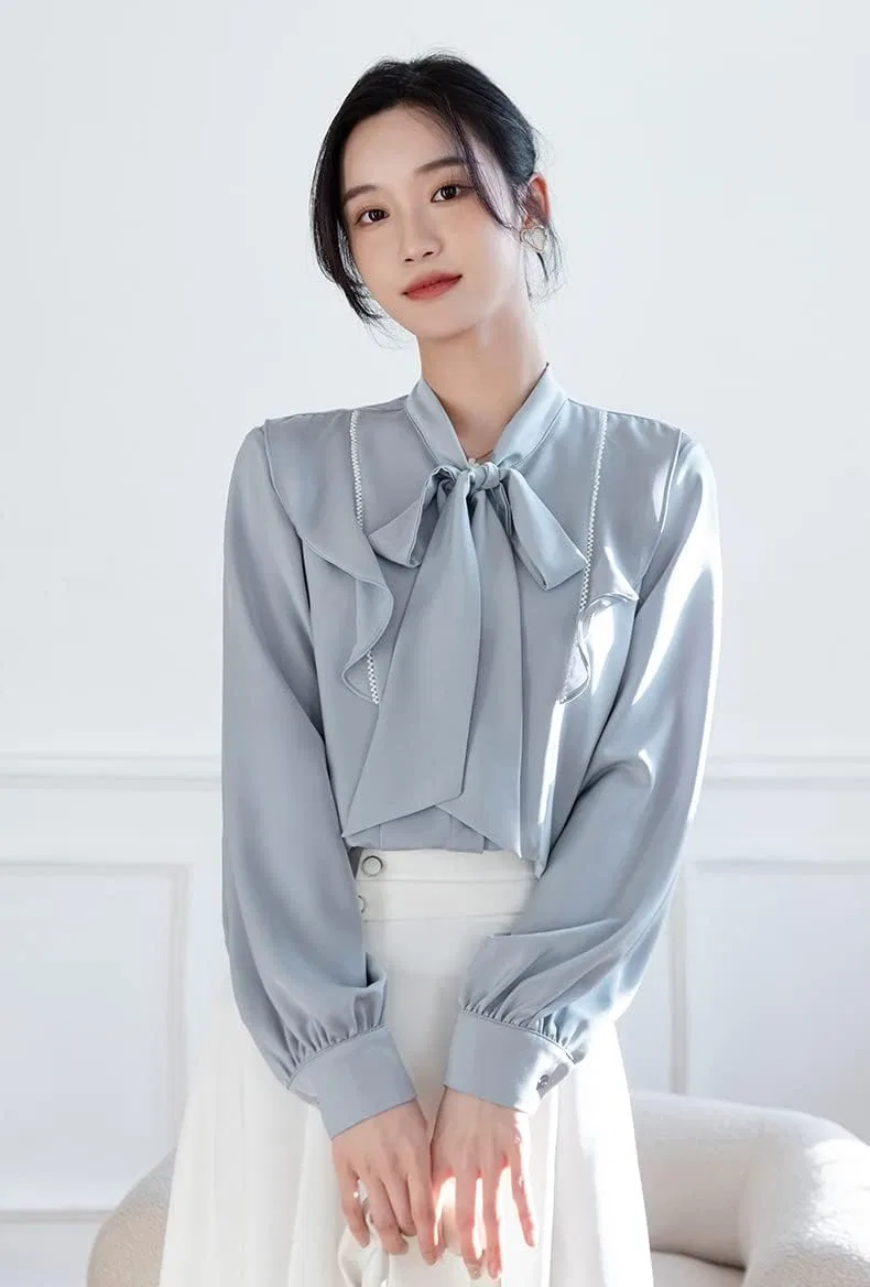 Блуза с бантом, шифоновая Bowtie Blouse, синий — фото 4