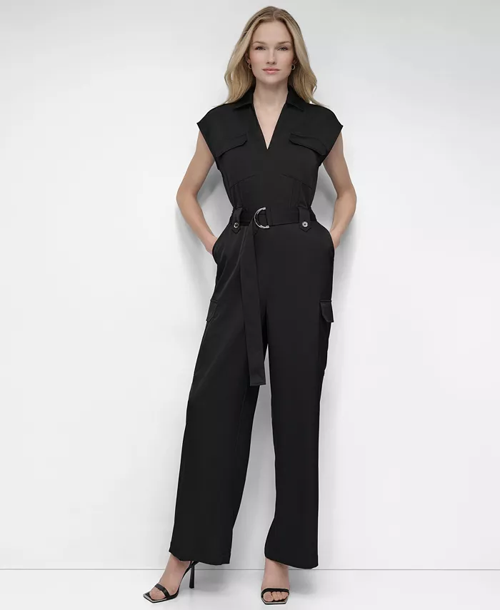 

Женский комбинезон с короткими рукавами, поясом и карманами DKNY, черный