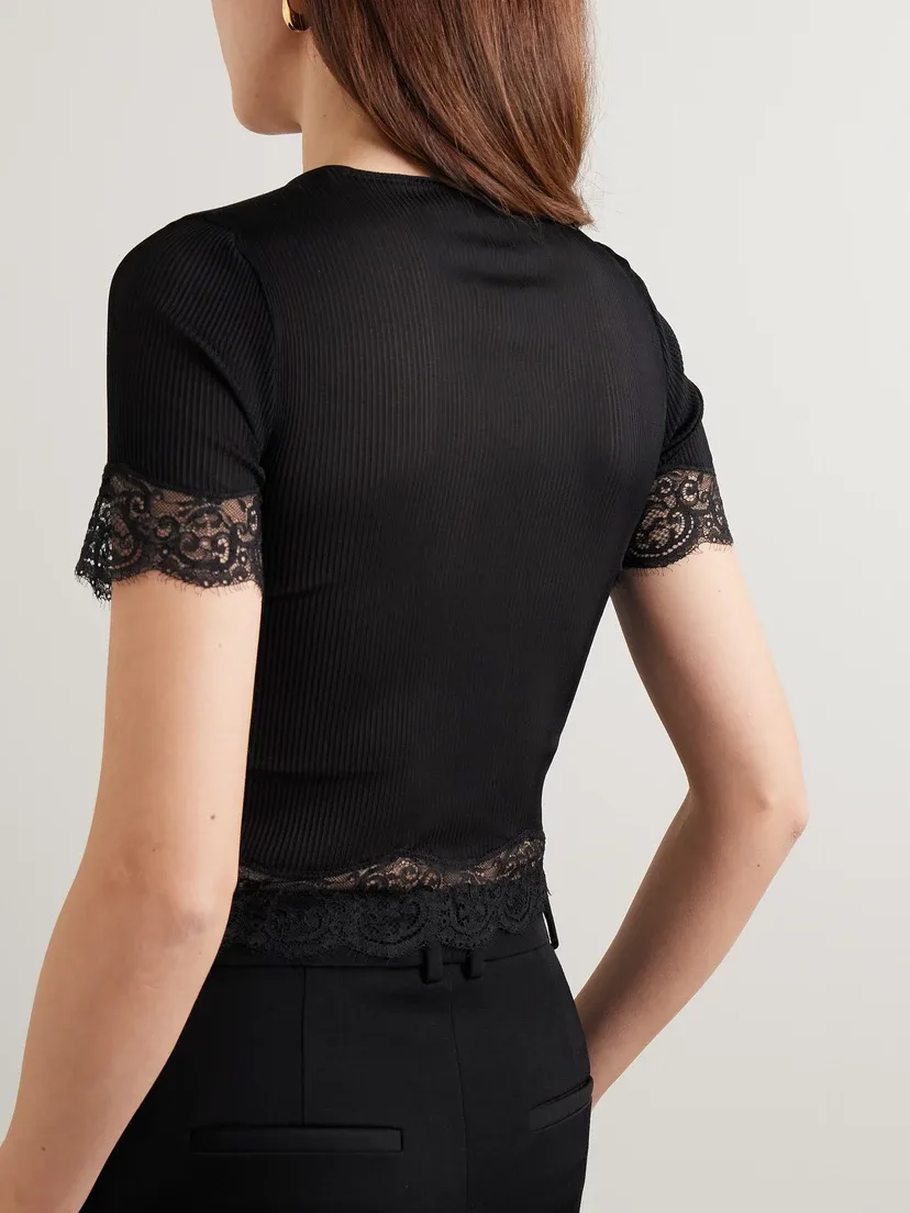 Рифленый джерси-топ Henley с отделкой кружевом с волнистым краем SAINT LAURENT, черный — фото 3