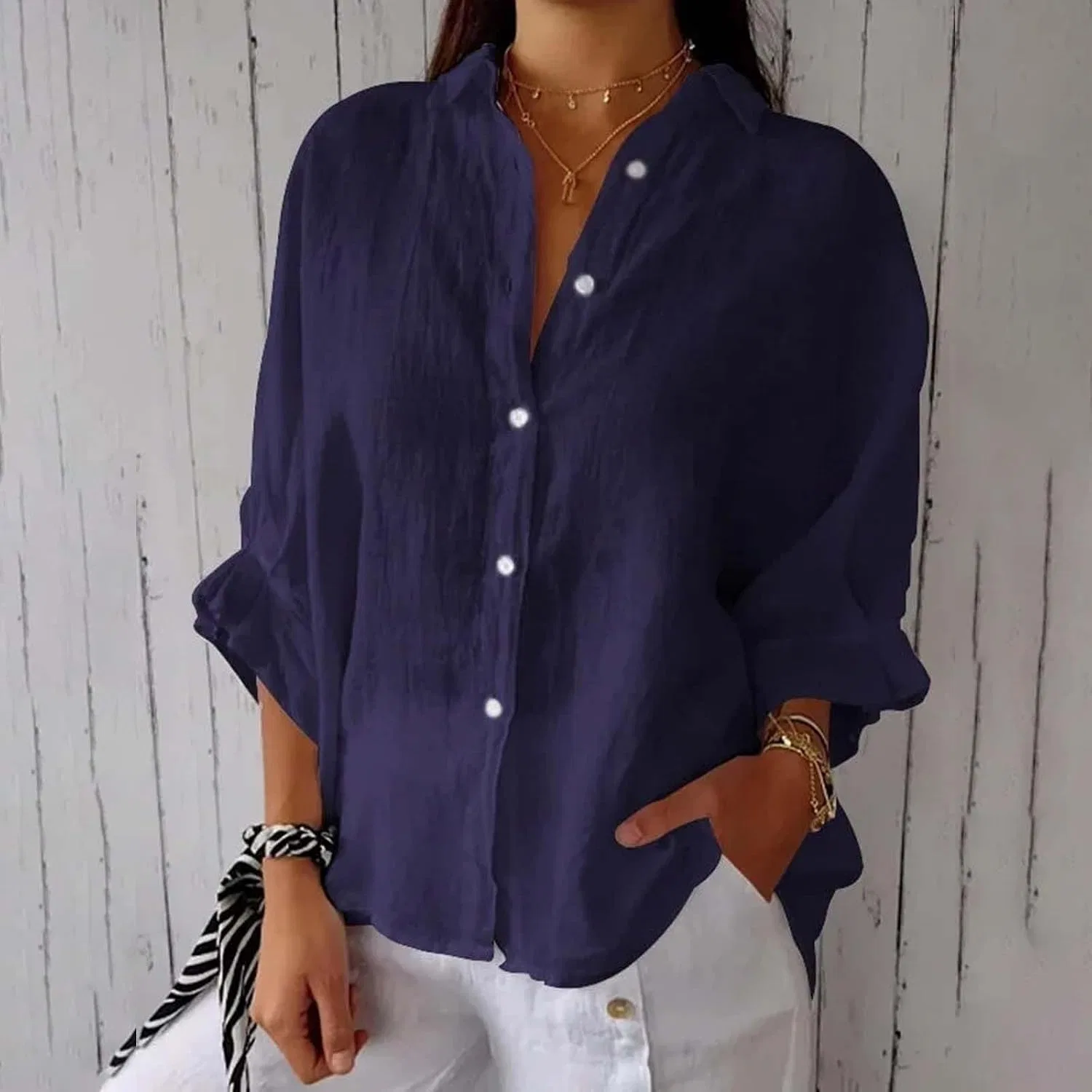 Блуза, хлопок и лен, Women Button Down Shirt, темно-синий — фото 3