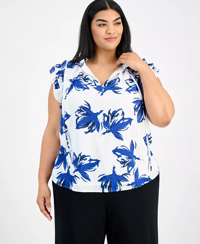 

Блузка с двойными рюшами и завязками спереди, plus size Anne Klein, мультиколор