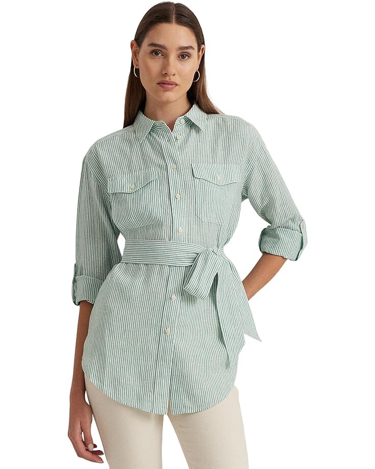 

Рубашка LAUREN Ralph Lauren Relaxed Fit Striped Belted Linen, цвет Soft Laurel/White