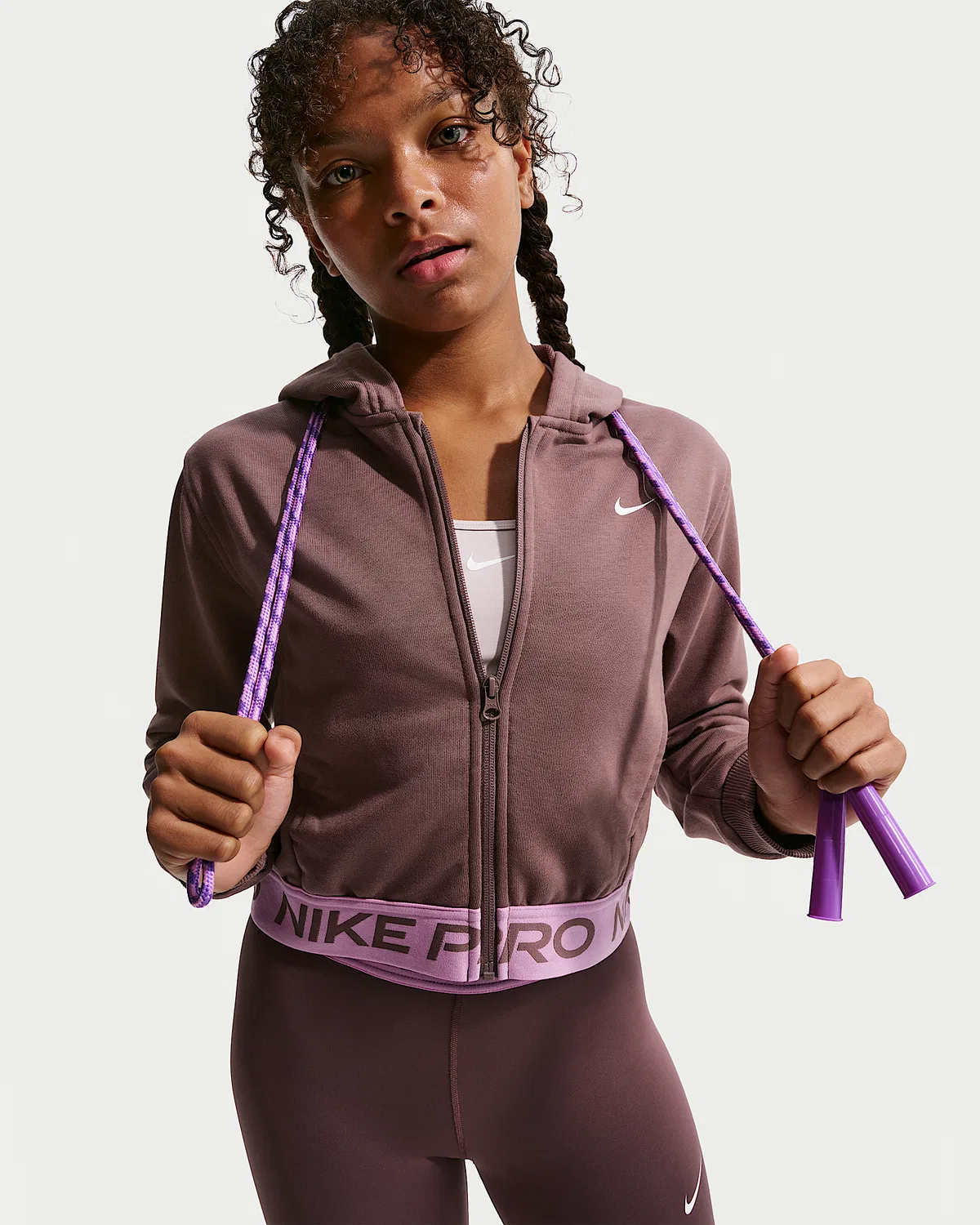Детская (девичья) флисовая кофта Nike Pro Fleece Dri-FIT на молнии, Tattoo/Tattoo/Light Magenta/White — фото 3