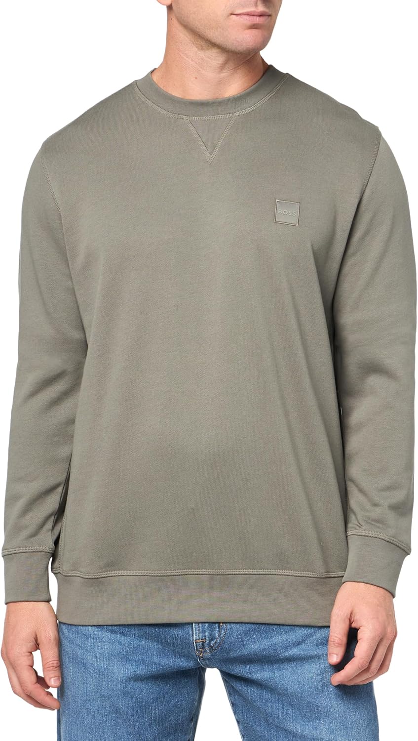 

BOSS мужской свитшот из френч-терри с нашивкой-логотипом, Fossil Grey, Серый, BOSS мужской свитшот из френч-терри с нашивкой-логотипом, Fossil Grey